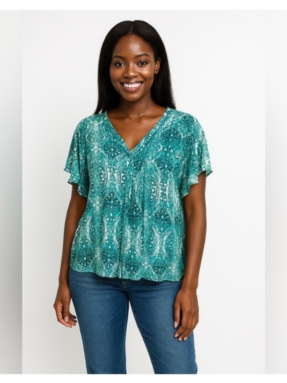 Laura Scott Teal Printed V-Neck Flutter Sleeve Blouse